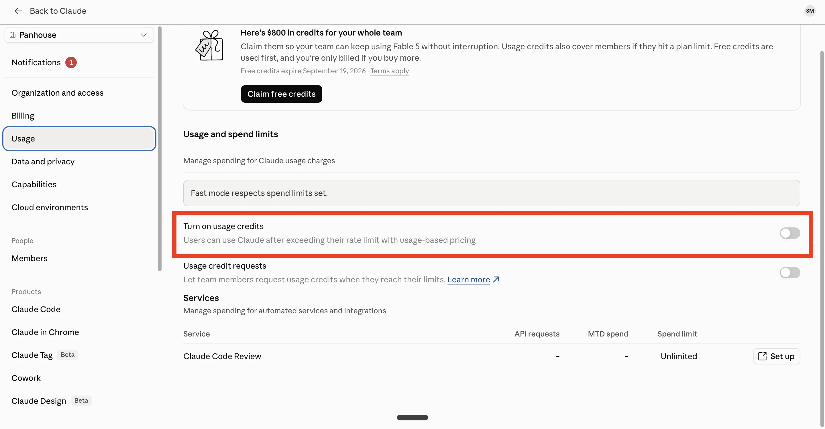 Teamプランの管理者画面(Usage)に表示される「Turn on usage credits」のトグル